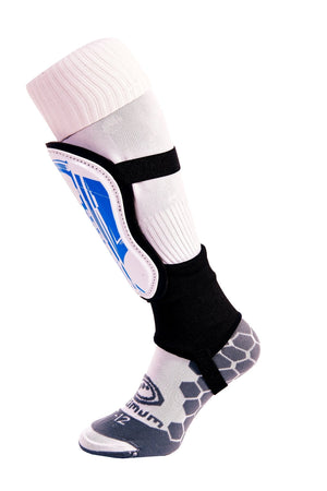 White and blue Optimum Velocidade shin guard with black ankle strap over white sock, side view on white - Optimum