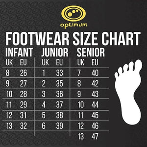 Optimum footwear size chart with infant, junior and senior UK and EU sizes and a footprint graphic on black - Optimum