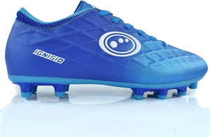 Blue Optimum Ignisio football boot, outer side view with white ring logo, IGNISIO print and moulded studs, on white - Optimum