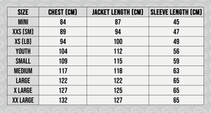 Optimum Sideline Sub Jacket size guide chart with chest, jacket and sleeve lengths in cm - Optimum