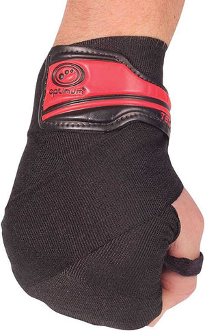 Fist wearing black Optimum Tech Pro boxing wrap with red gel knuckle pad, angled view on white - Optimum