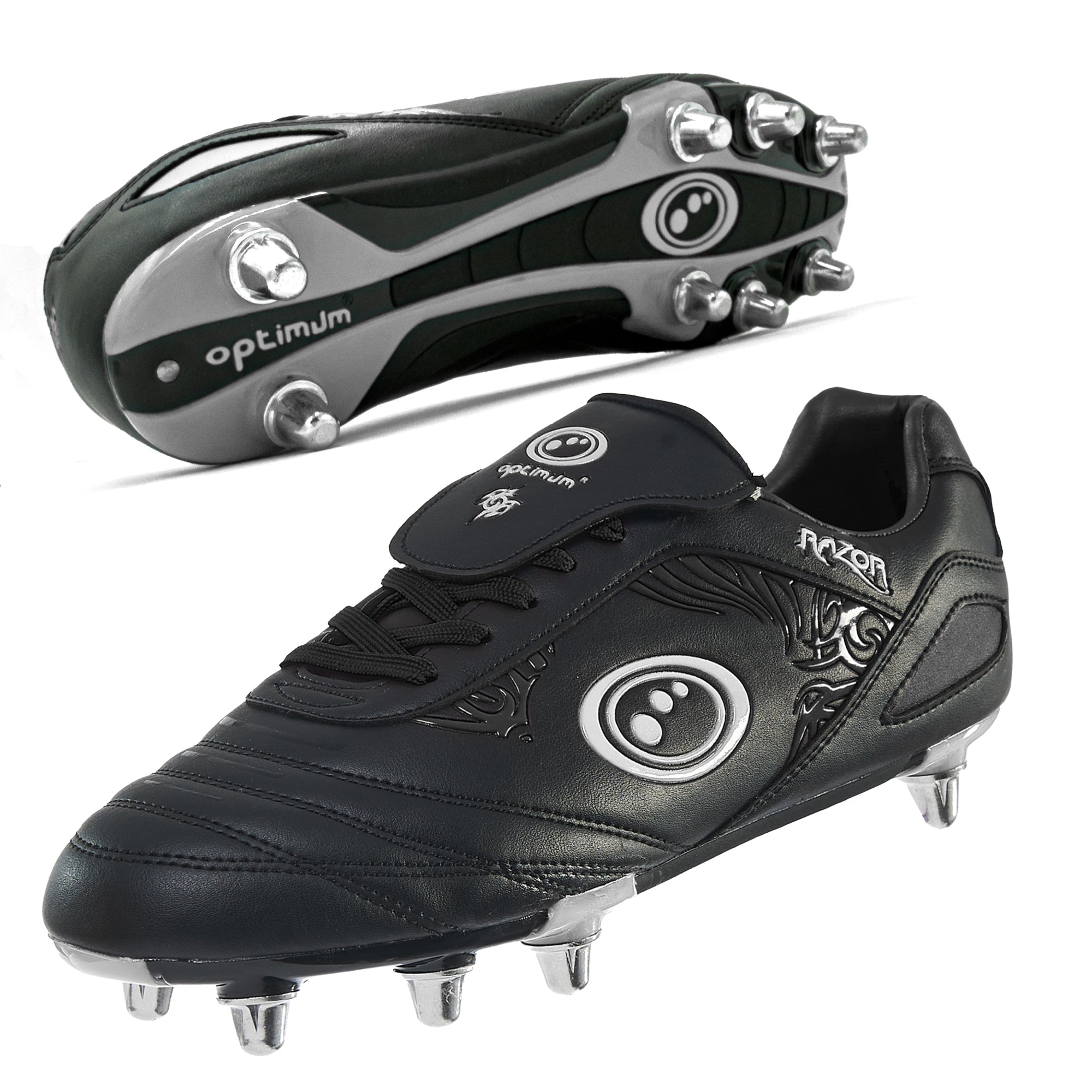 Optimum Senior Silver Razor Rugby Boot | High-Traction Silver/Black, Sizes 7-13