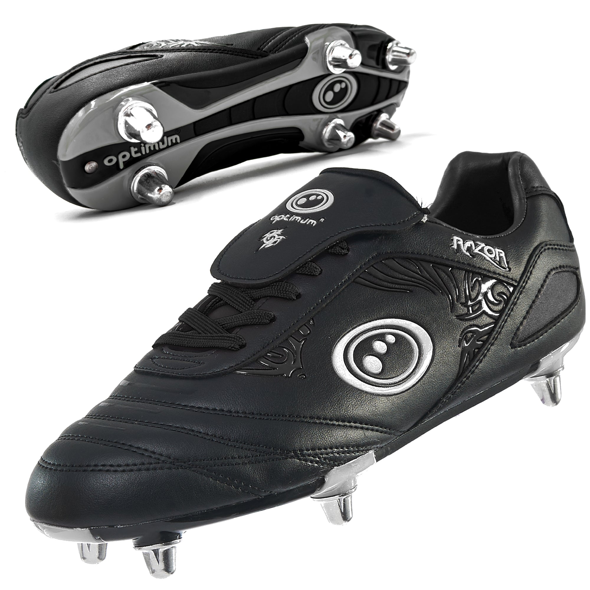 Optimum Razor Junior Rugby Boots Silver/Black – 6-stud metal traction and lightweight lace-up features