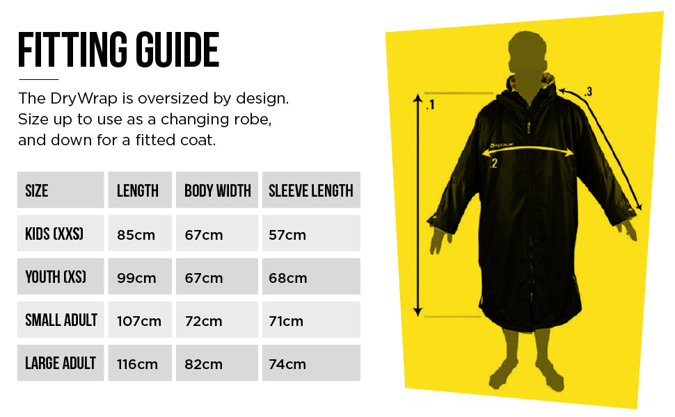 Dry Wrap fitting guide: size table of length, body width and sleeve length for kids to adult, oversized robe - Optimum