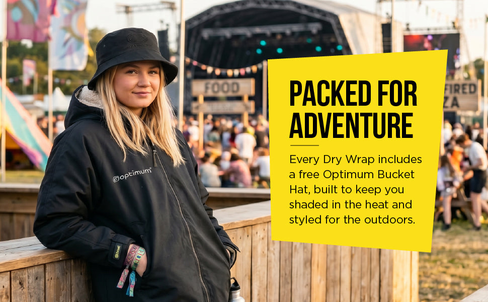 Dry Wrap feature graphic Packed for Adventure: person in black robe and bucket hat at festival, free bucket hat - Optimum
