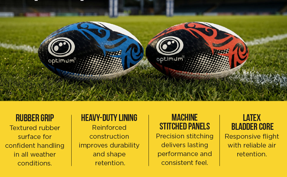 Info graphic: Razor rugby ball features - rubber grip, stitched panels, latex bladder - Optimum