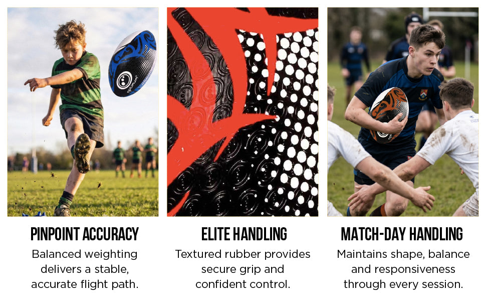 Info graphic: Razor rugby ball - pinpoint accuracy, elite handling, match-day handling - Optimum