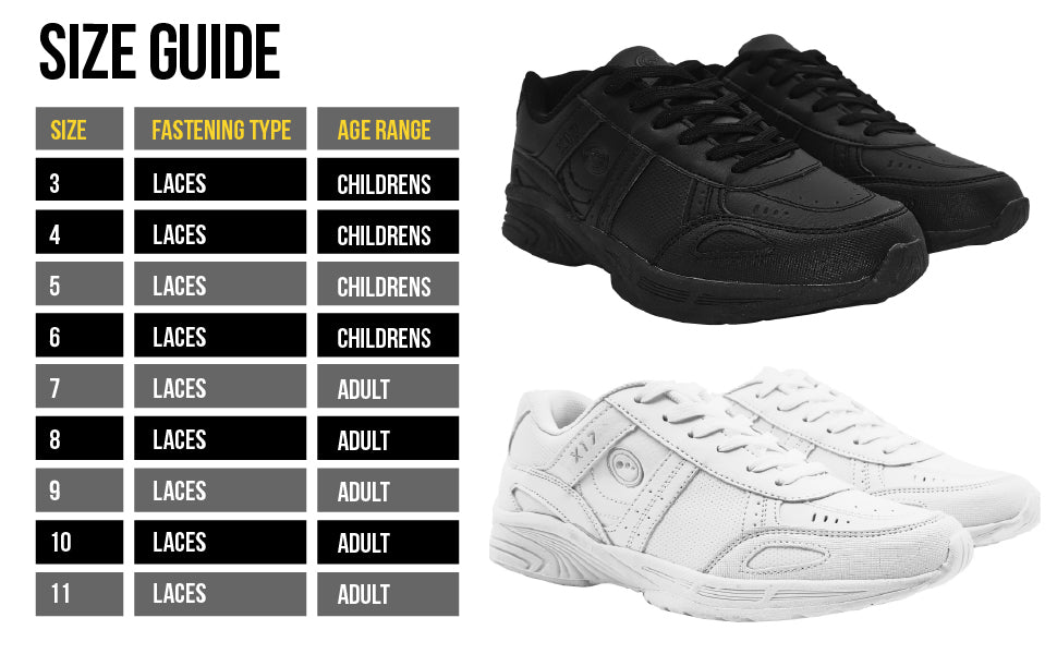 Info graphic: X17 laces size guide - sizes 3-11, childrens and adult, laces fastening - Optimum