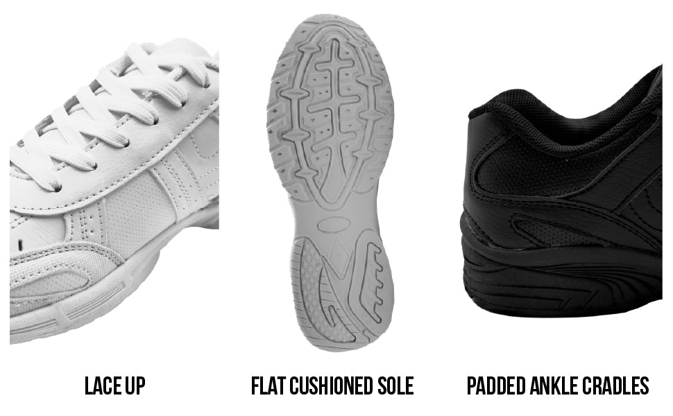 Info graphic: X17 trainer features - lace up, flat cushioned sole, padded ankle cradles - Optimum