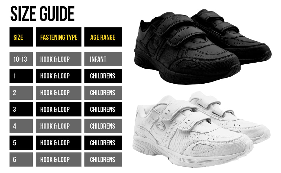 Info graphic: X17 strap trainer size guide - hook & loop, infant and childrens sizes - Optimum