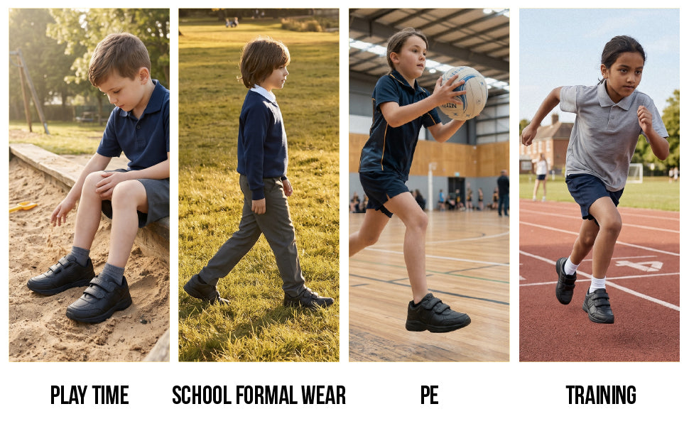 Info graphic: children in X17 school trainers - play time, formal wear, PE, training - Optimum