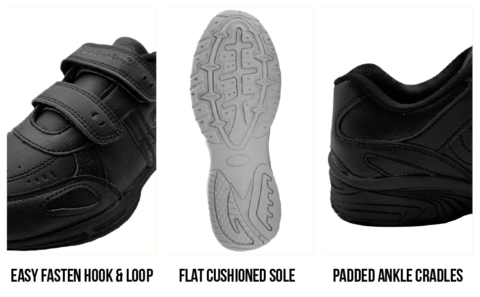 Info graphic: black X17 strap trainer - hook & loop, cushioned sole, padded ankle cradles - Optimum
