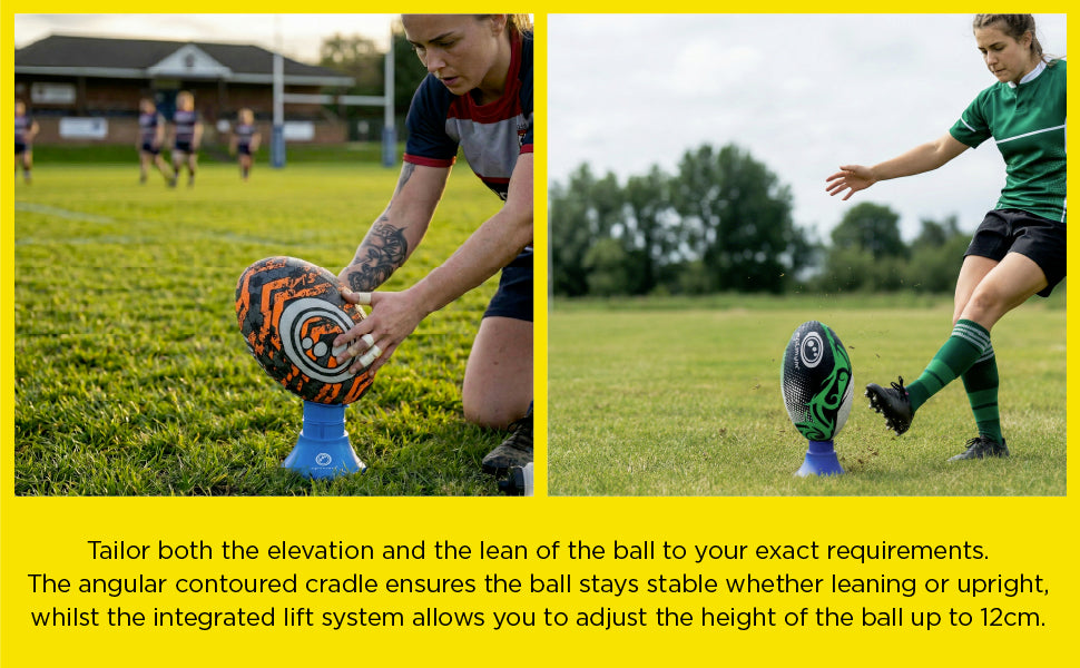Feature graphic: two photos of players using blue rugby kicking tee, adjustable ball height and lean text - Optimum