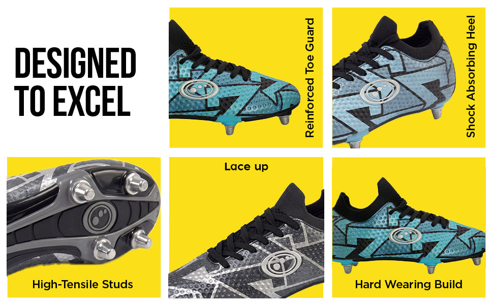 Blue Optimum Aztec rugby boot feature infographic: reinforced toe guard, high-tensile studs, lace-up - Optimum