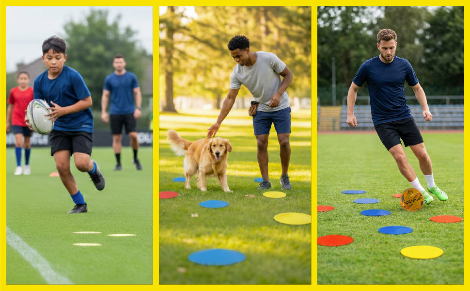 Three-photo feature graphic of players training with coloured flat markers for rugby and football drills - Optimum