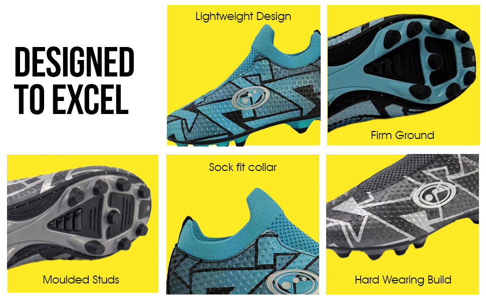 Blue Optimum Aztec football boot feature infographic: lightweight, firm-ground moulded studs, sock-fit collar - Optimum