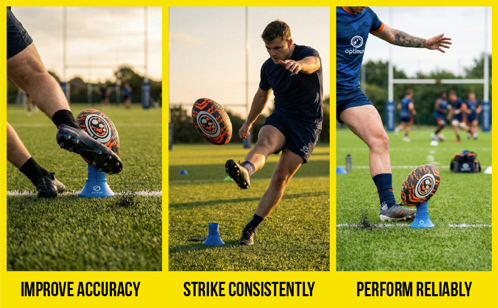 Kicking tee benefits graphic: three panels of players kicking off tee - accuracy, consistency, reliability - Optimum