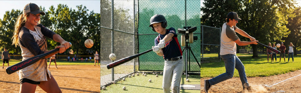 Three players swinging black Optimum baseball bats outdoors - Optimum