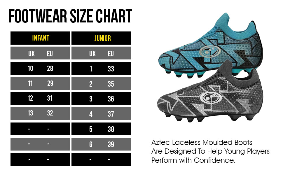 Footwear size chart for Optimum Aztec laceless moulded boots, infant and junior UK and EU sizes - Optimum
