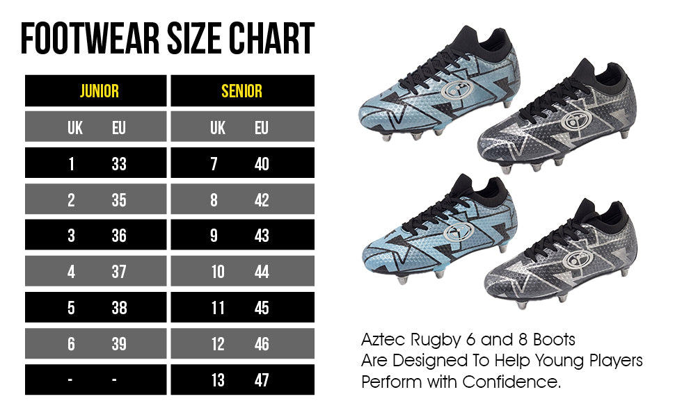 Footwear size chart for Optimum Aztec rugby boots, junior and senior UK and EU sizes - Optimum