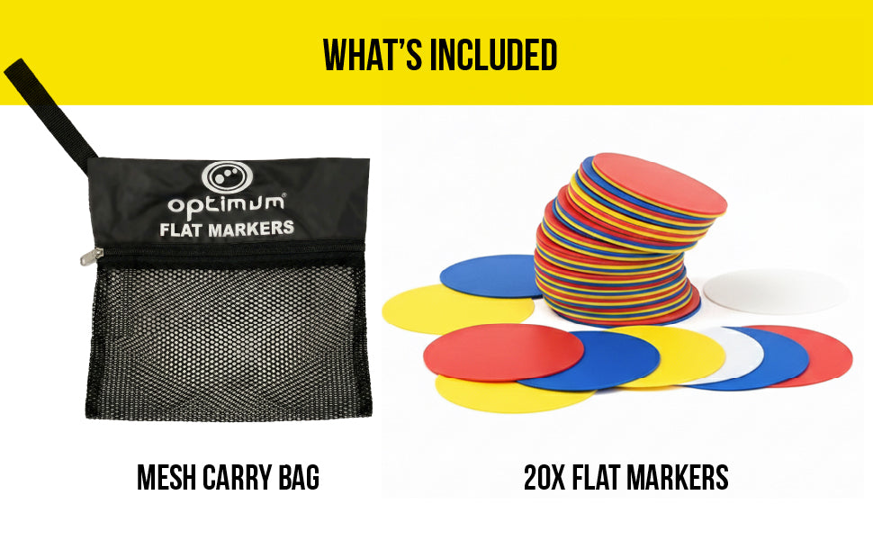 What's Included graphic: Optimum mesh carry bag and 20 coloured flat markers on white - Optimum