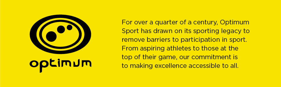 Optimum brand banner: black logo on yellow with heritage text on removing barriers to sport - Optimum