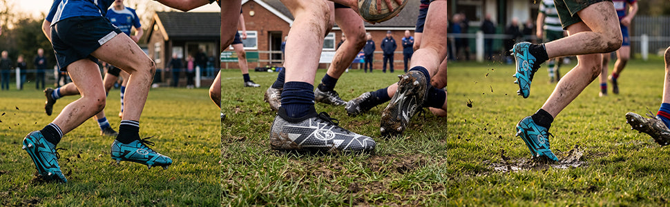 Players in Optimum Aztec rugby boots on a muddy pitch, lifestyle banner strip - Optimum