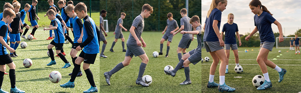 Children in blue kit playing football on grass, lifestyle banner for Optimum Aztec junior boots - Optimum