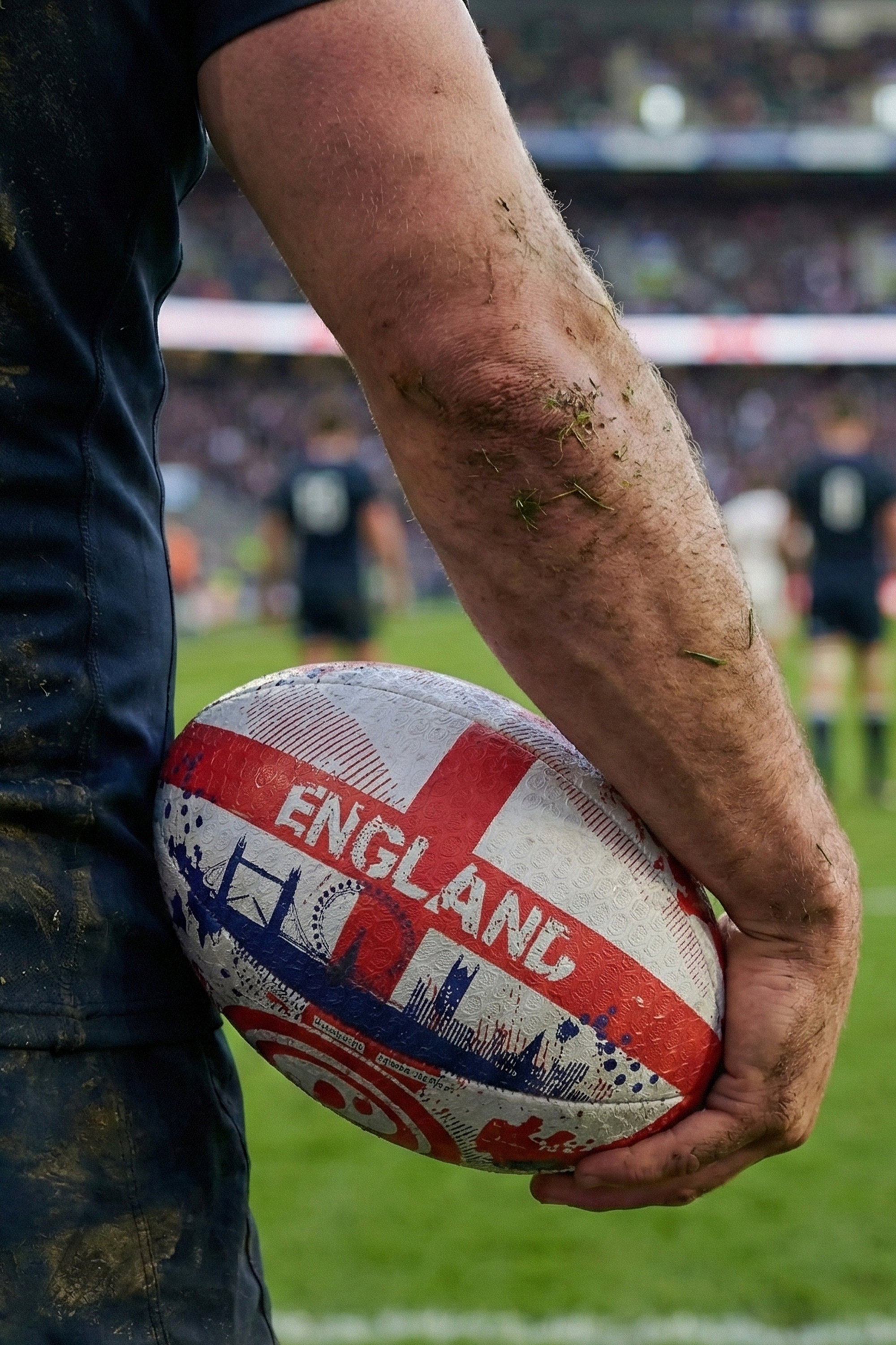 Muddy player holding a white and red Optimum England rugby ball with ENGLAND print in a stadium - Optimum