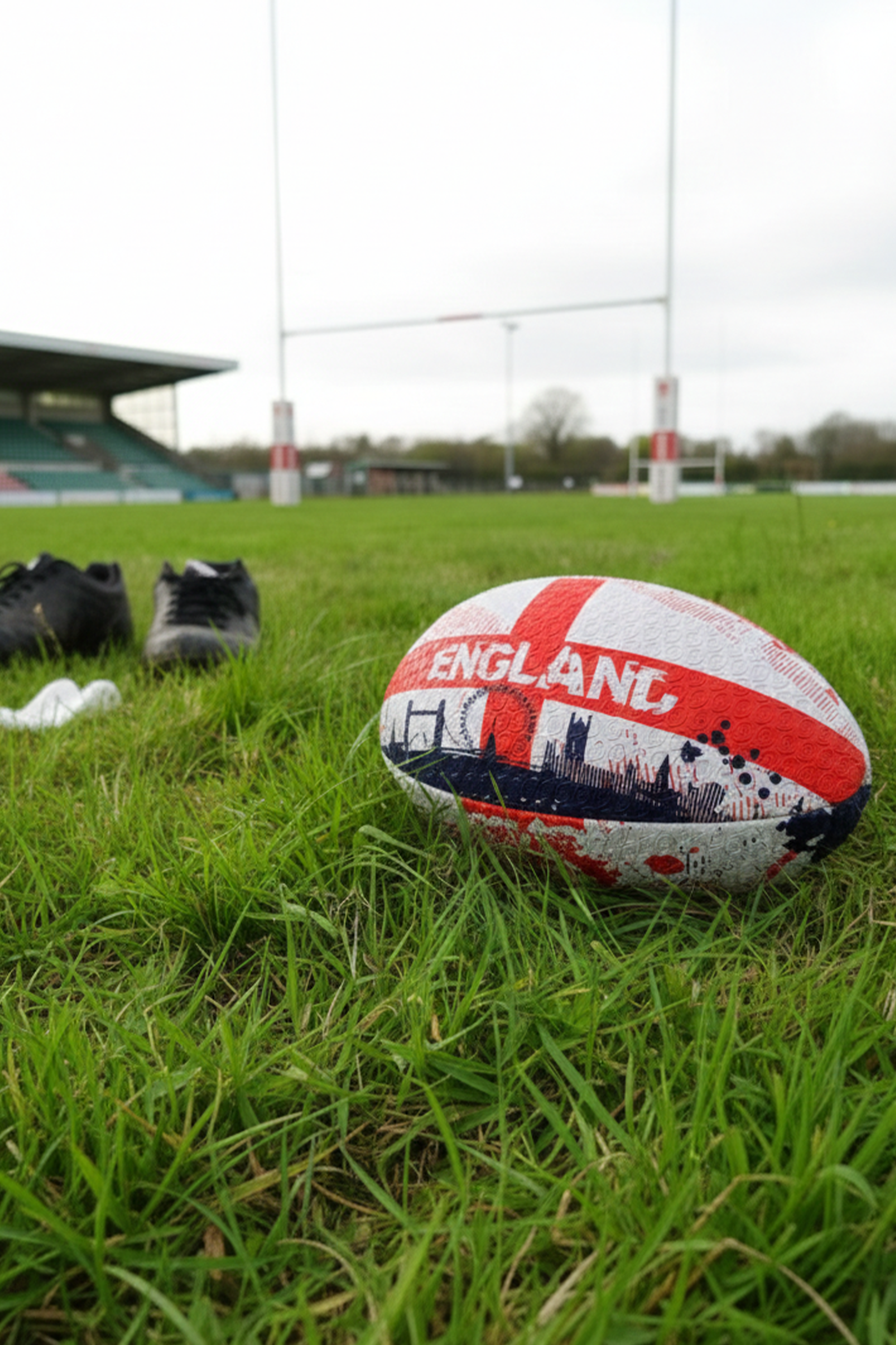 White and red Optimum England rugby ball with ENGLAND print on grass by rugby posts at a ground - Optimum
