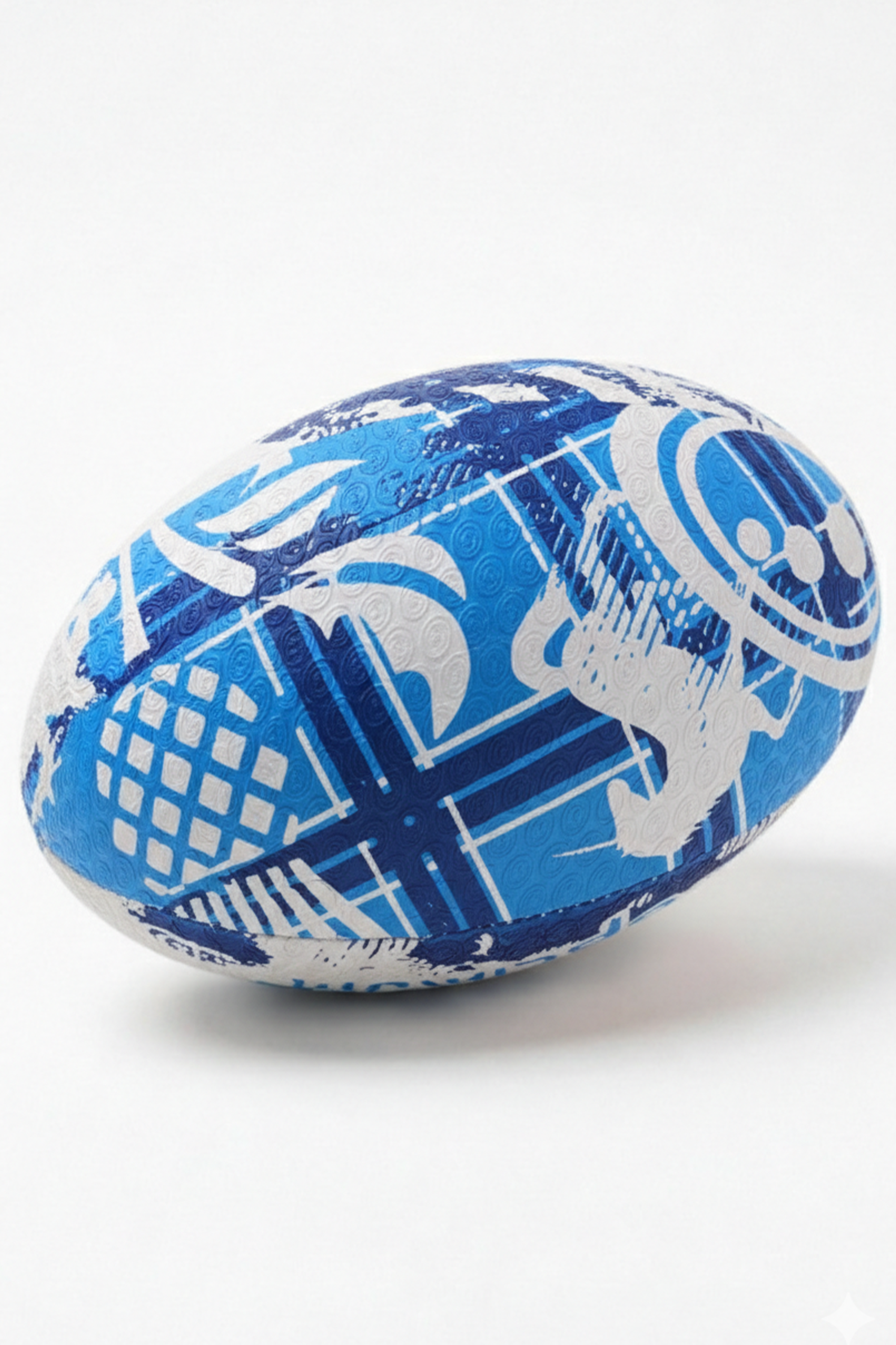 Blue and white Optimum Scotland rugby ball with thistle and tartan graphics, lying on white - Optimum