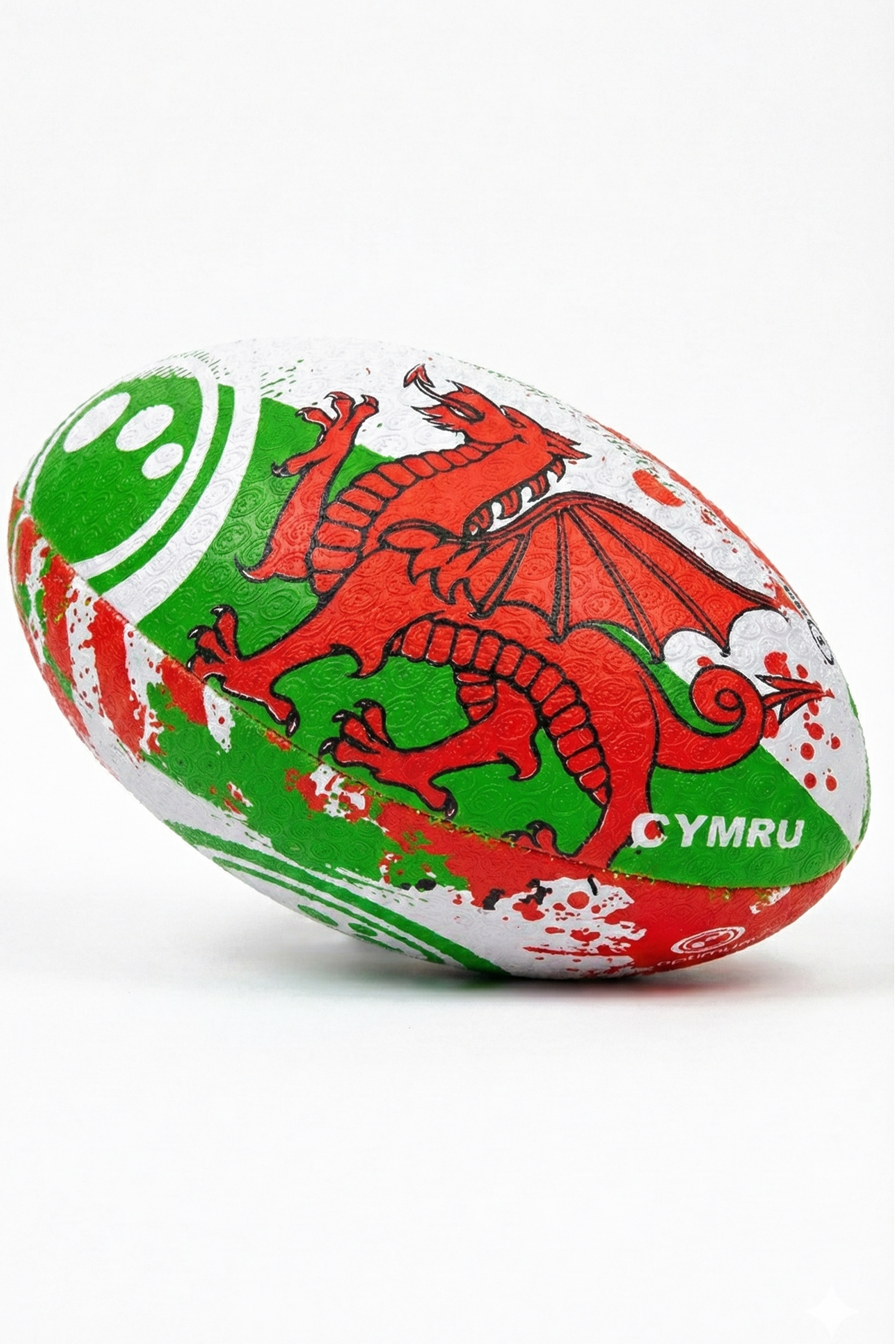 White, green and red Optimum Wales rugby ball with red dragon and CYMRU print, angled on white - Optimum