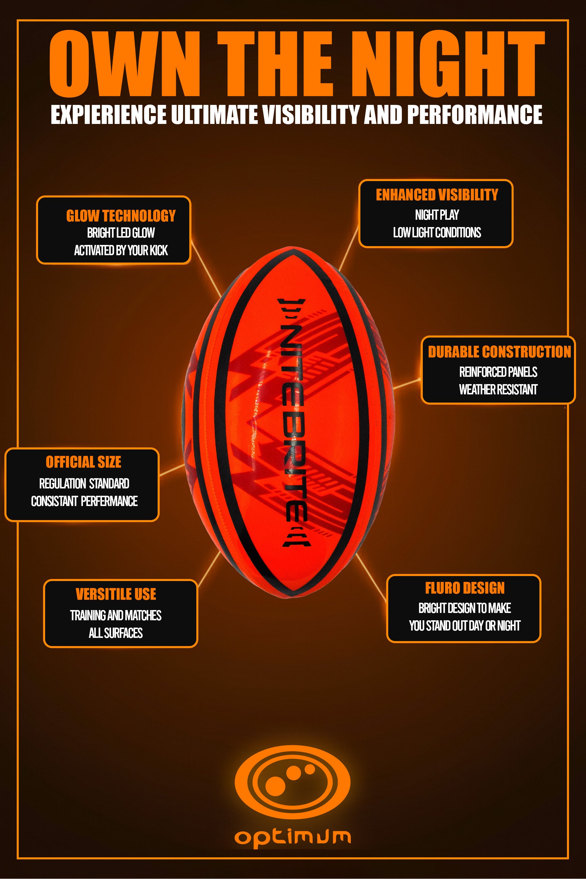 Optimum LED Glow Rugby Ball Size 5 – Motion Activated with Auto-Off | Durable Water-Resistant Night Play | Includes Pump & Spare Batteries | UK Sports Brand - Optimum