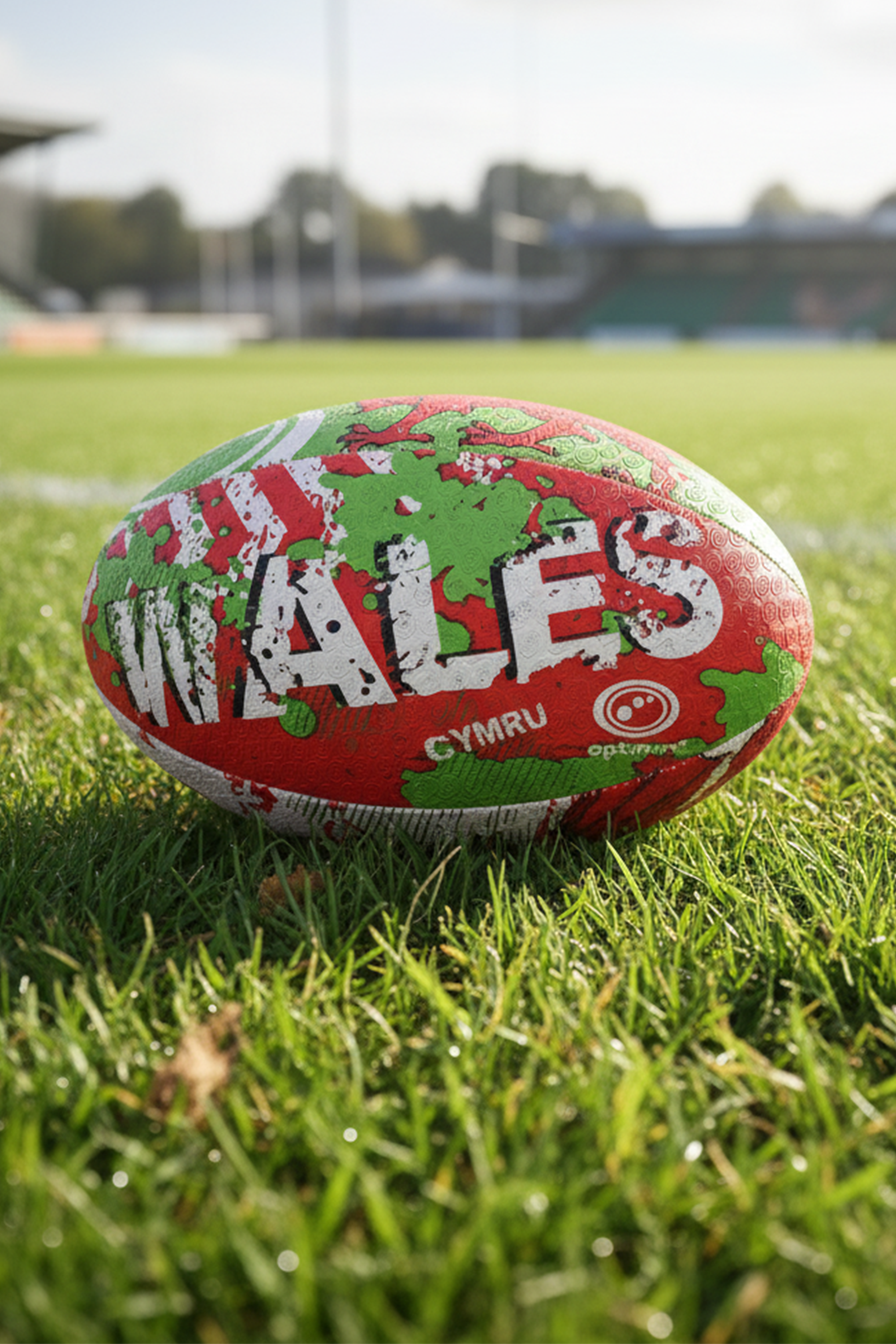 Red, green and white Optimum Wales rugby ball with WALES CYMRU print on a grass pitch by a stadium - Optimum