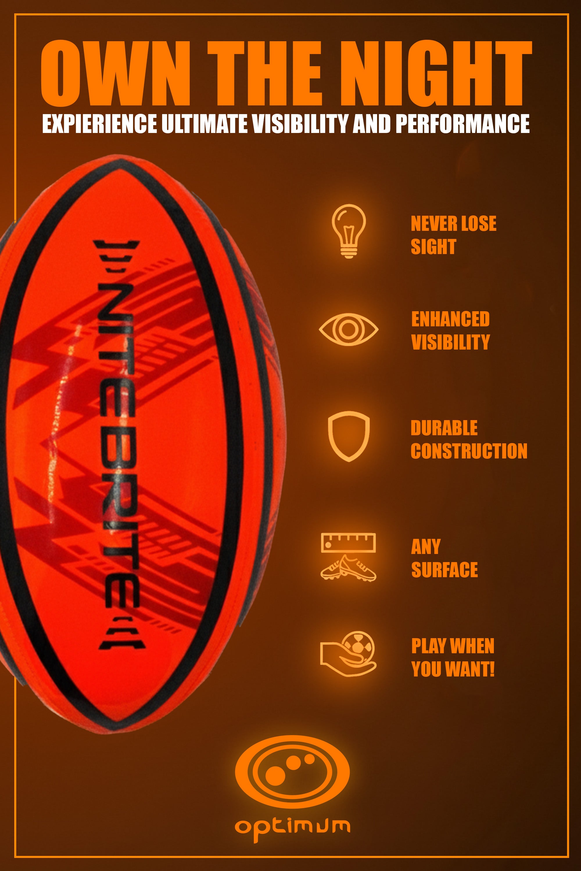 Optimum LED Glow Rugby Ball Size 5 – Motion Activated with Auto-Off | Durable Water-Resistant Night Play | Includes Pump & Spare Batteries | UK Sports Brand - Optimum