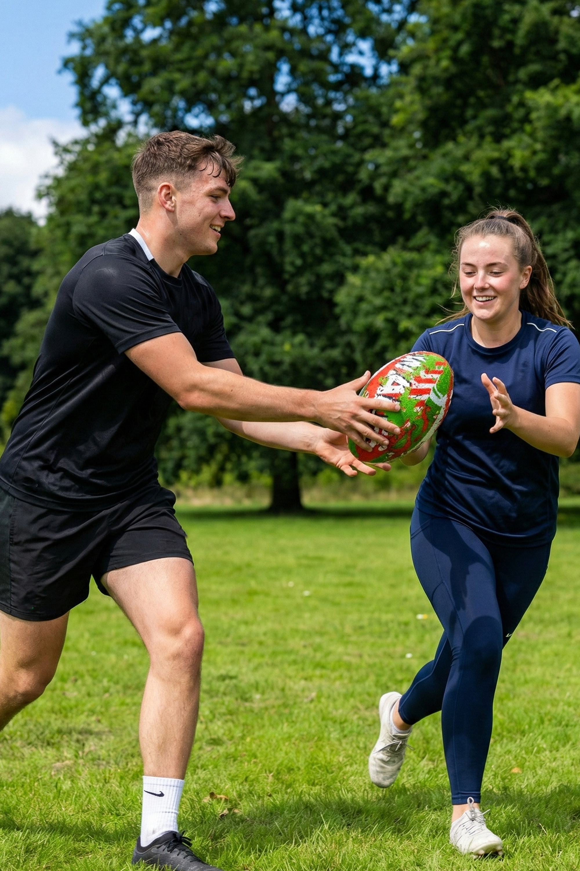 Two smiling players passing a red, green and white Optimum Wales rugby ball in a park - Optimum