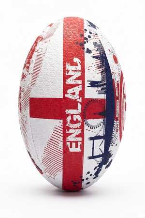 White and red Optimum England rugby ball with St George's cross and ENGLAND print, upright on white - Optimum
