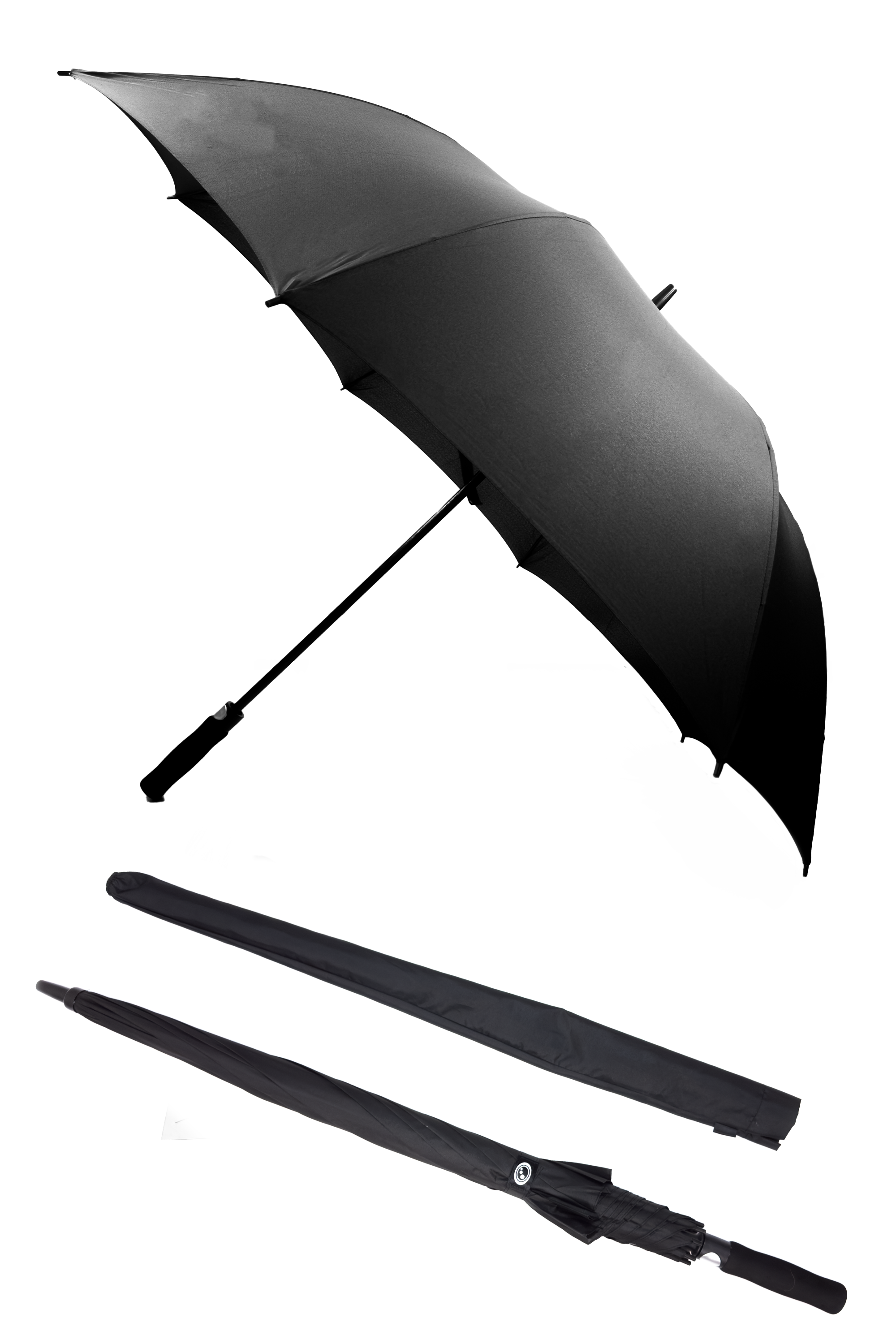 Black Optimum golf umbrella shown open and closed with carry sleeve, on white background - Optimum