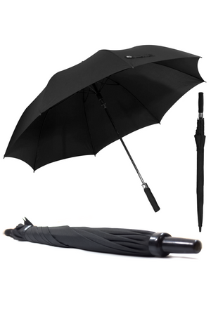 Black Optimum golf umbrella shown open and closed with straight handle, three views on white - Optimum