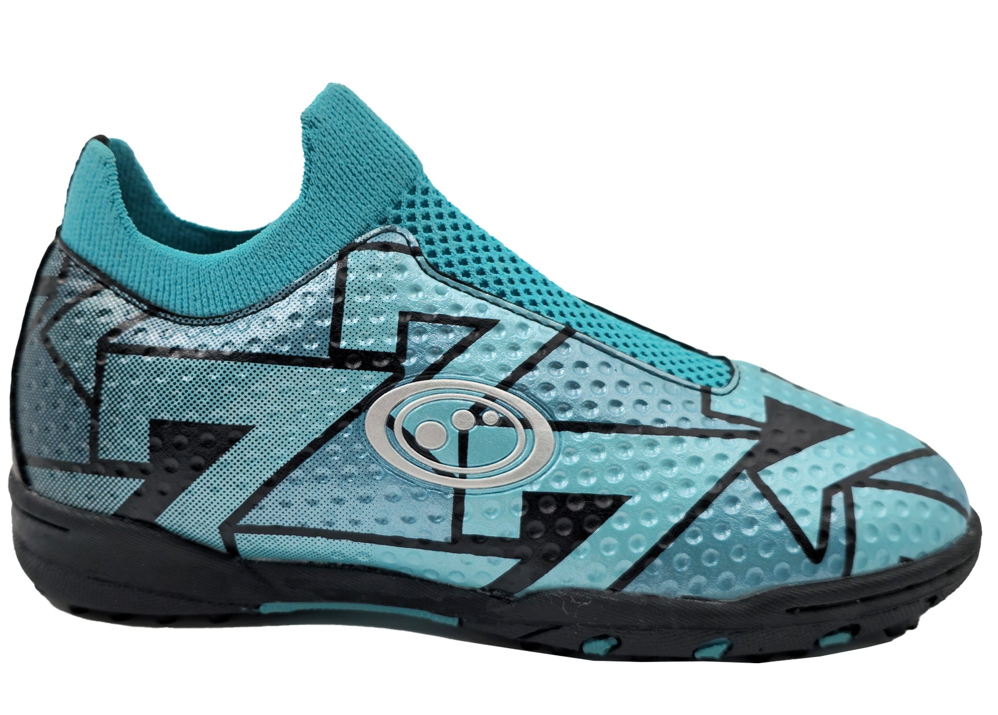 Side profile of the Aztec laceless astro trainer showing the full teal and black silhouette