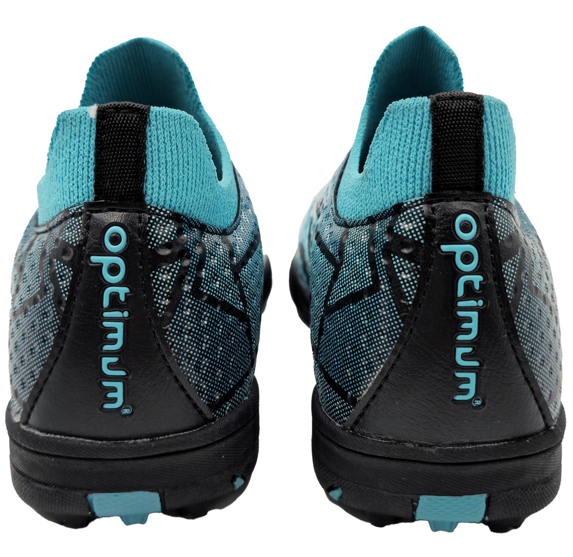 Rear view of both Aztec astro trainers showing teal Optimum text on the heel