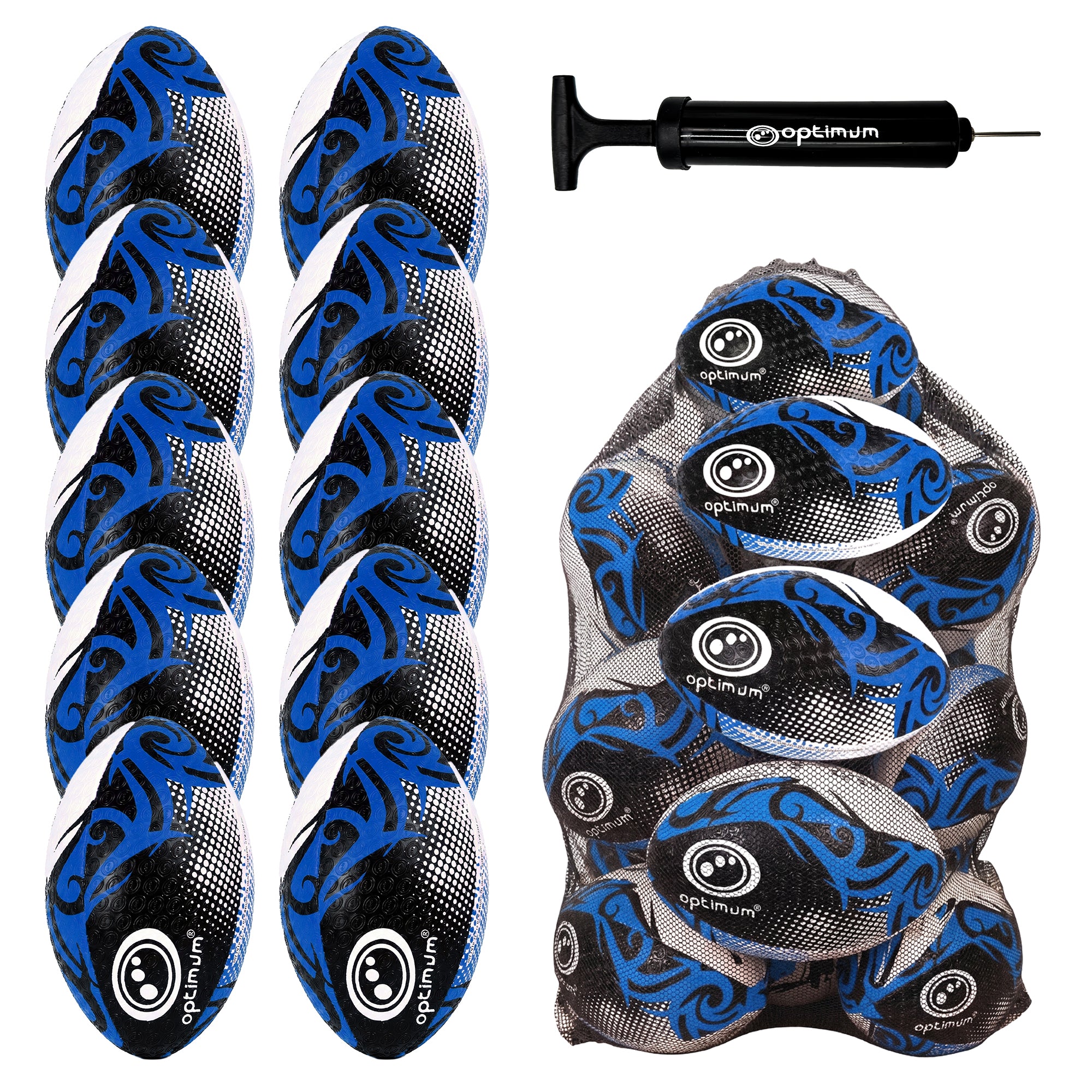 Optimum Bulk Razor Rugby Ball in Blue — pack of 10 with free pump and carrier