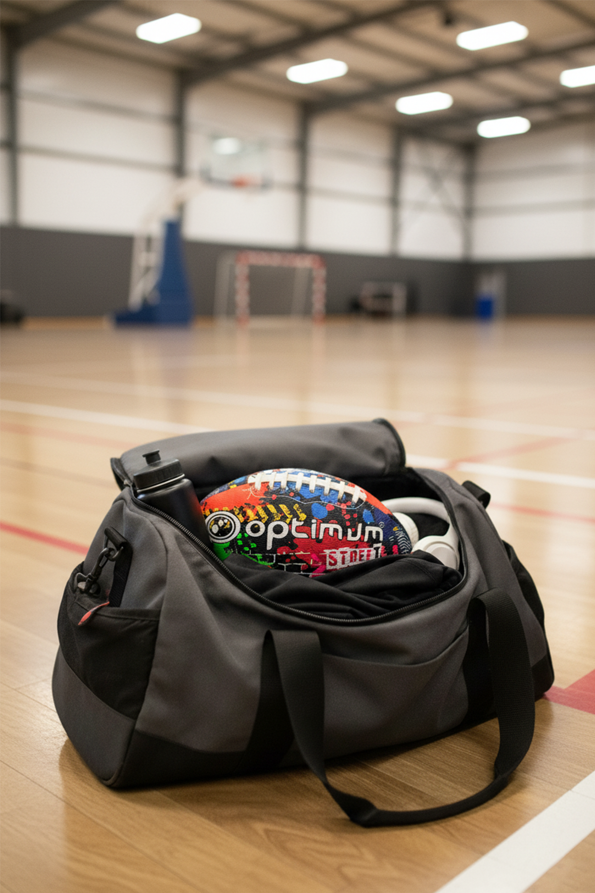 Black kit bag on sports hall floor with graffiti-print Optimum Street football inside - Optimum