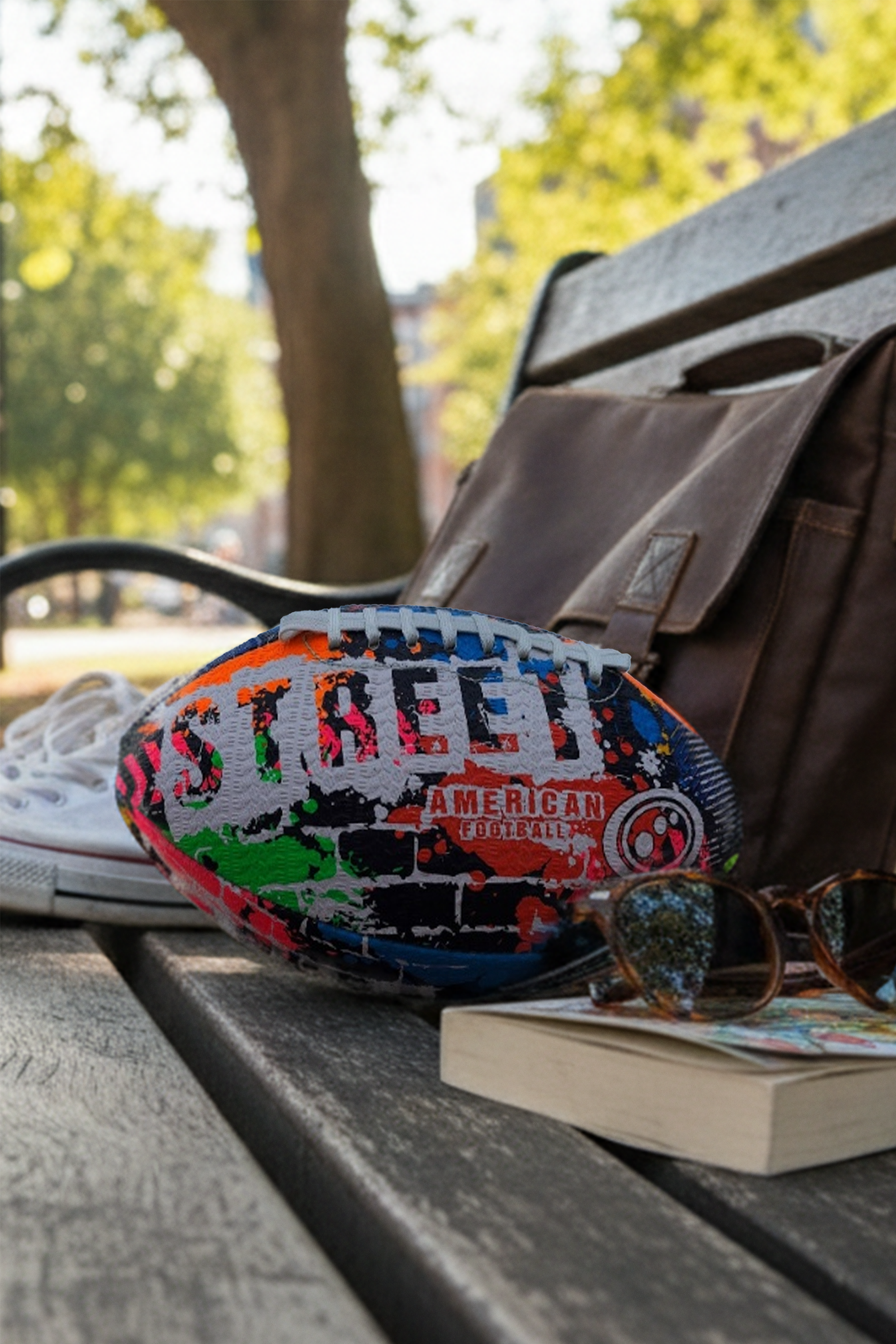 Multicolour Street American football on a park bench with satchel bag, sunglasses and book - Optimum