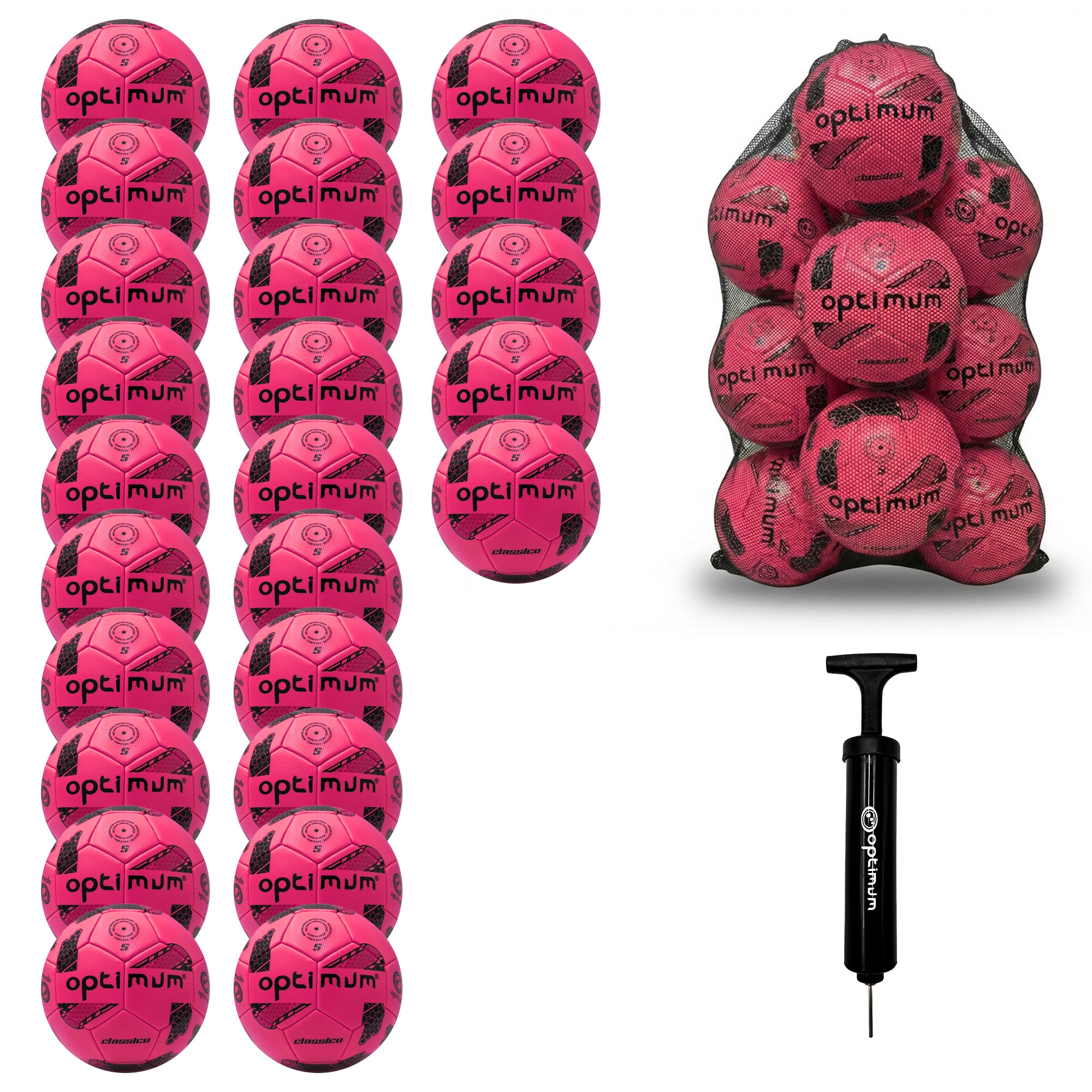 Optimum Classico bulk football pack in Pink — pack of 25 with free mesh carrier and pump