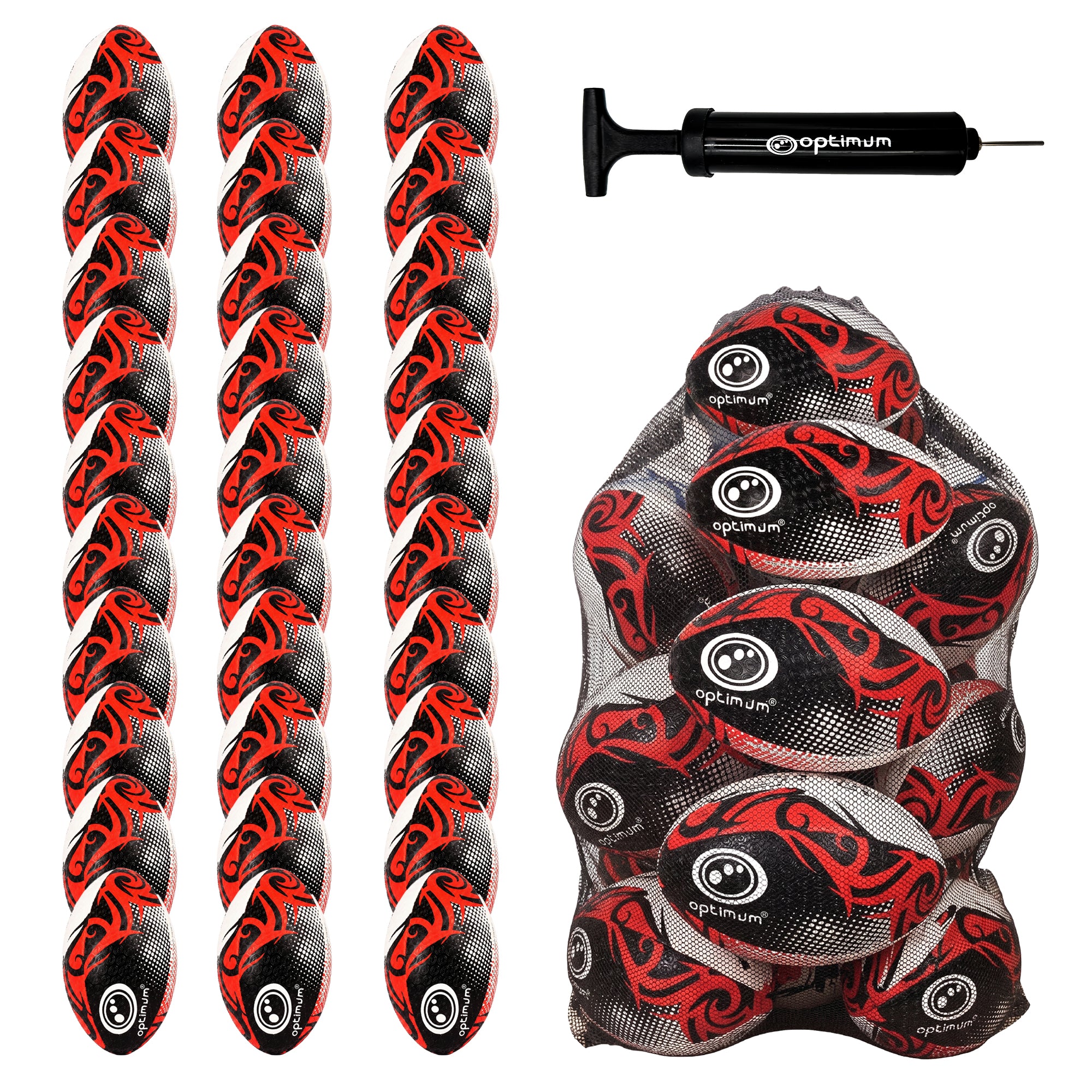 Optimum Bulk Razor Rugby Ball in Red — pack of 30 with free pump and carrier