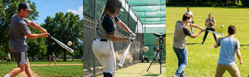 Three players hitting with silver Optimum baseball bats outdoors - Optimum