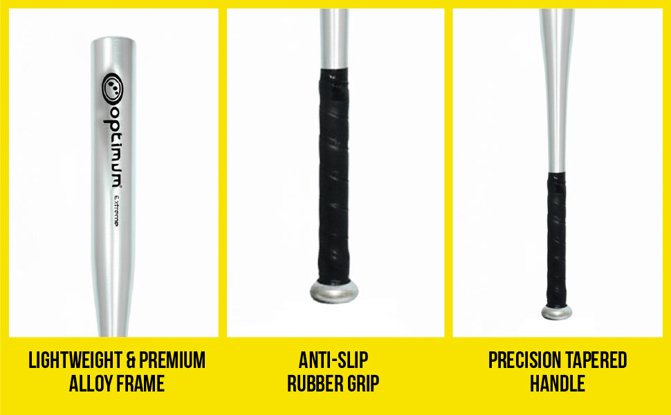 Info graphic: silver Optimum bat features - lightweight alloy frame, anti-slip grip, tapered handle - Optimum