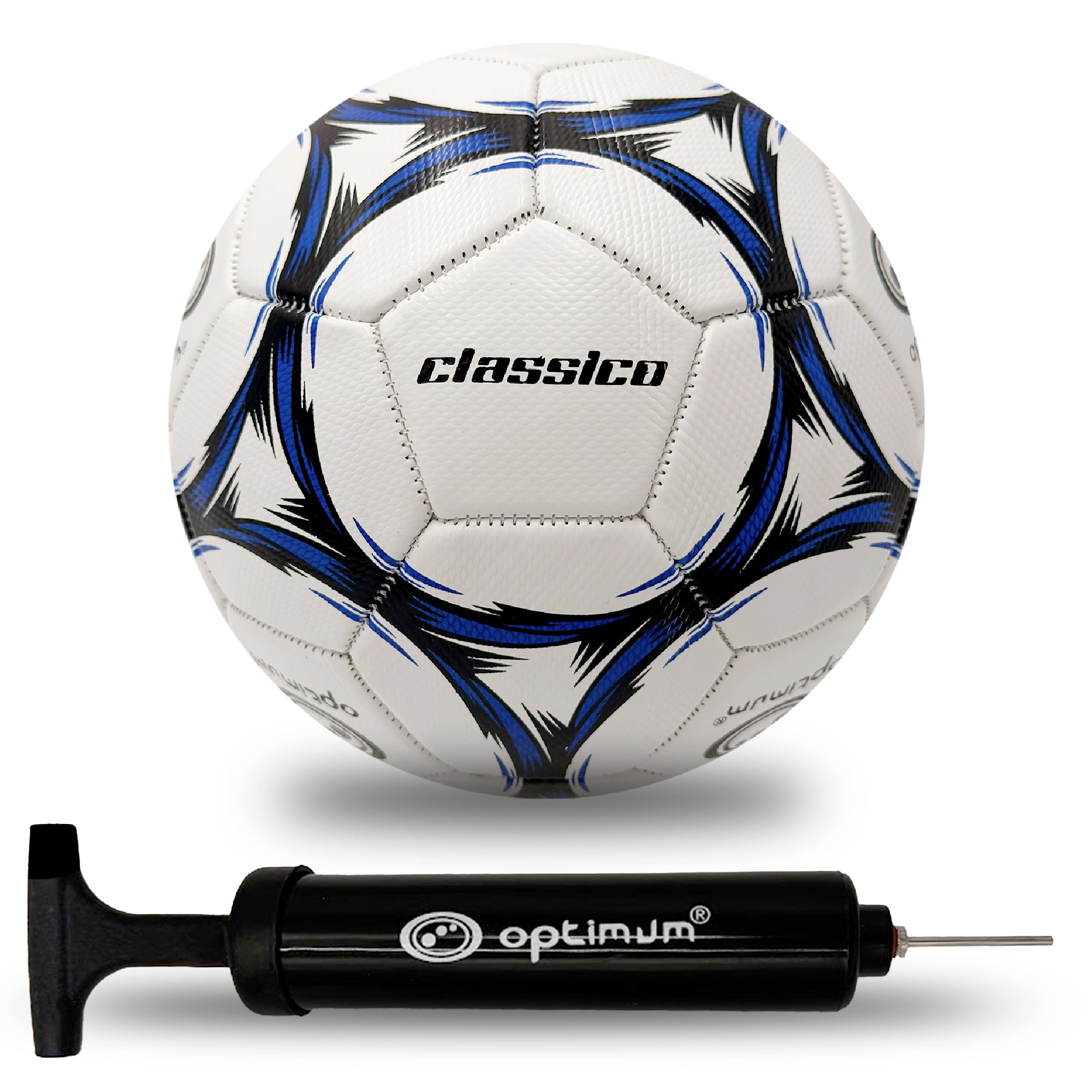 Optimum Classico Football in Black/Blue, shown with a pump