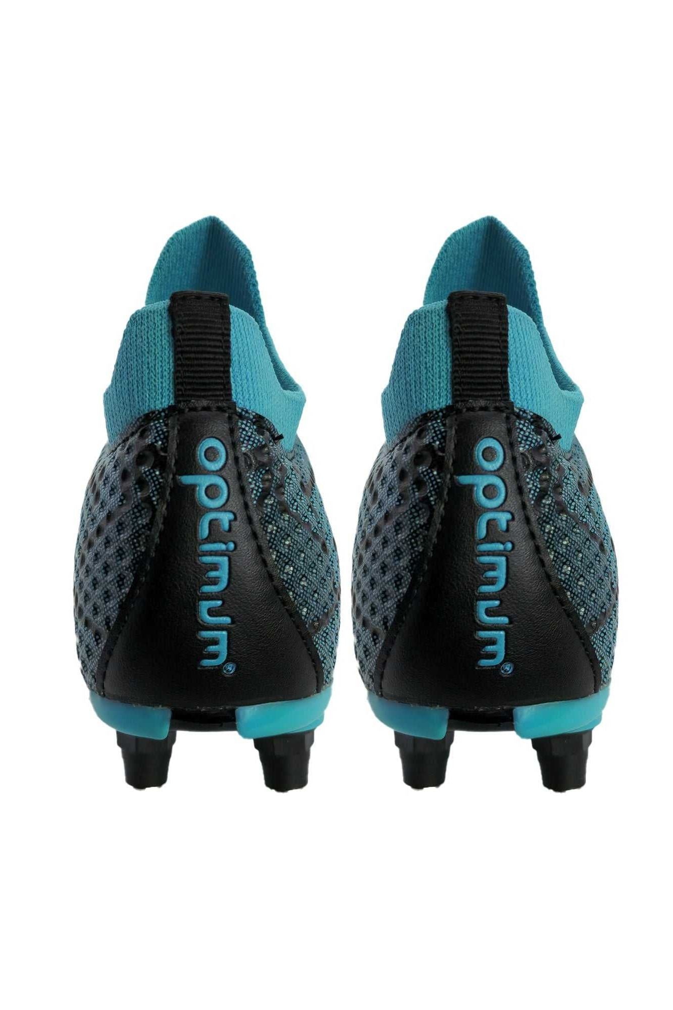 Rear view of both boots showing teal Optimum text on the heel